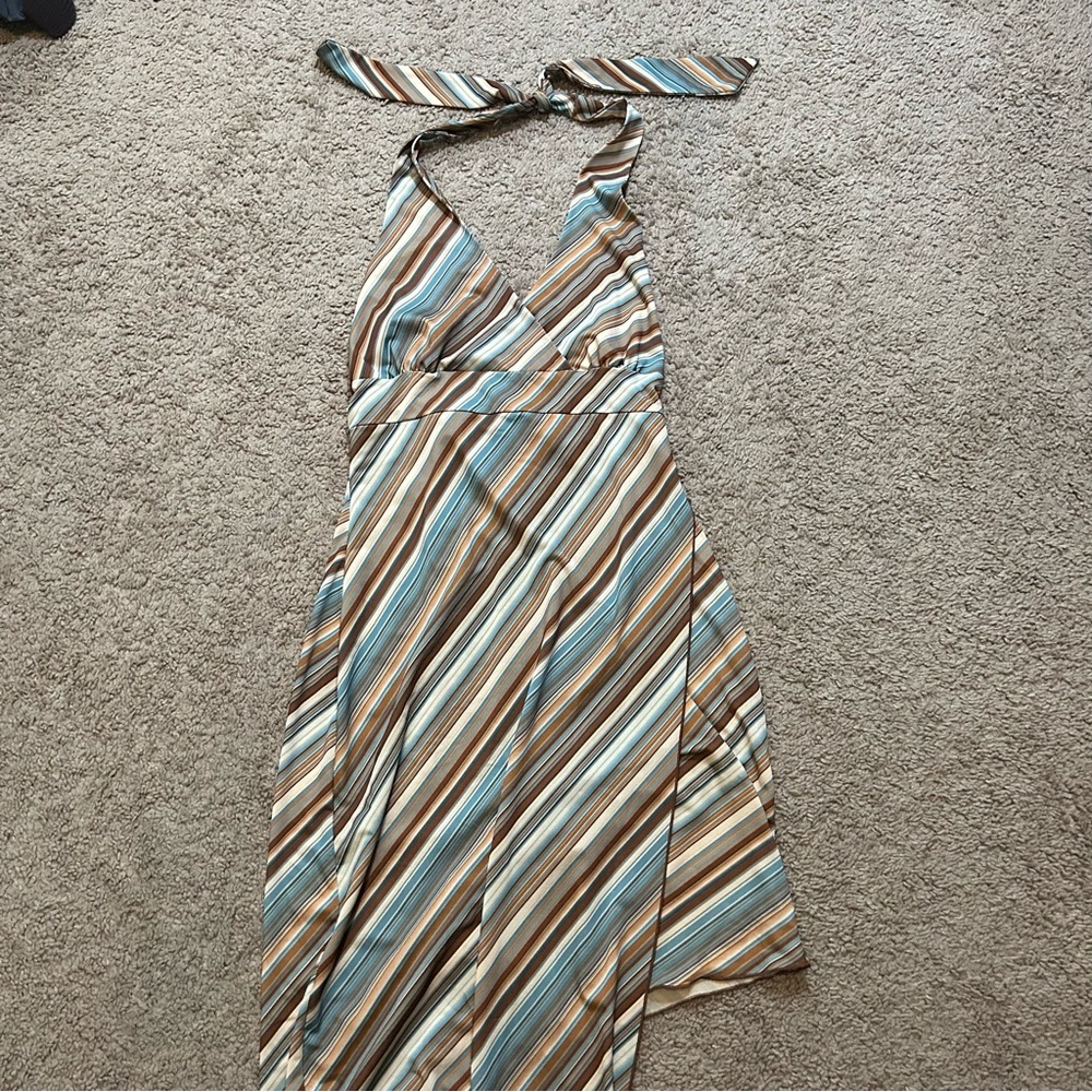 Halter Wrap Dress Diagonal Stripes Neutral Teal Colors Y2K Medium